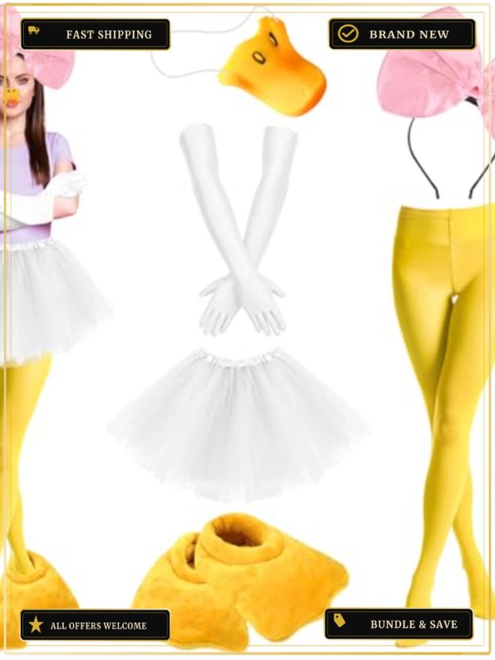 7-Piece Halloween Duck Costume Kit with Tutu, Tights, Slippers & Gloves